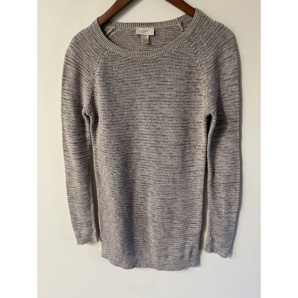 Ann Taylor Crew Neck Knit Sweater Beige Size M Cotton Heathered Lagenlook Casual